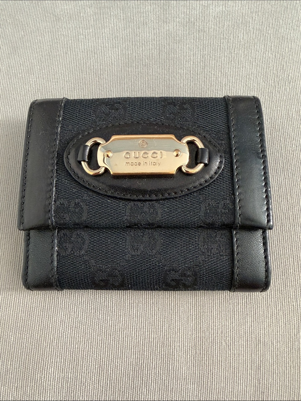 Gucci Black Canvas and Leather Monogram Compact Wallet with Gold Plaque